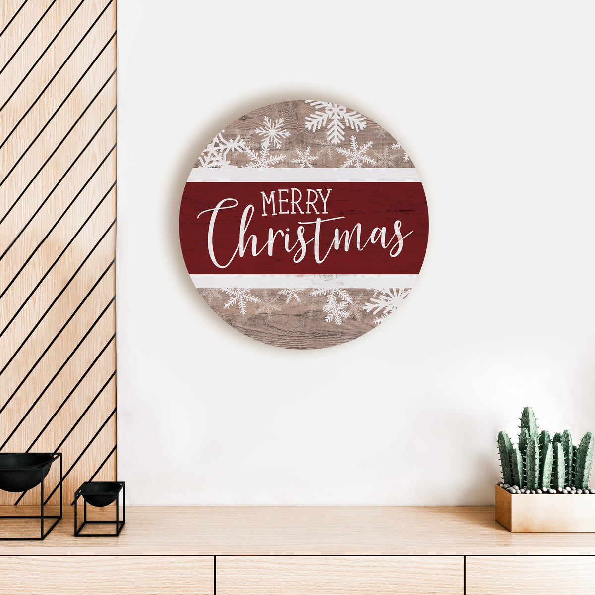Merry Christmas Snowflakes Stripe Circle Wall Art