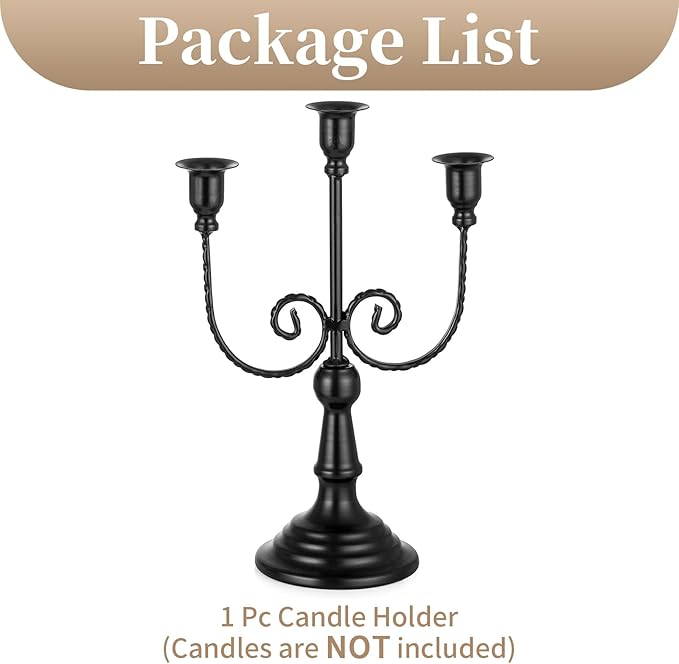 Black Metal 3-Arm Candelabra | Matte Taper Candle Holder Stand, 11.6"
