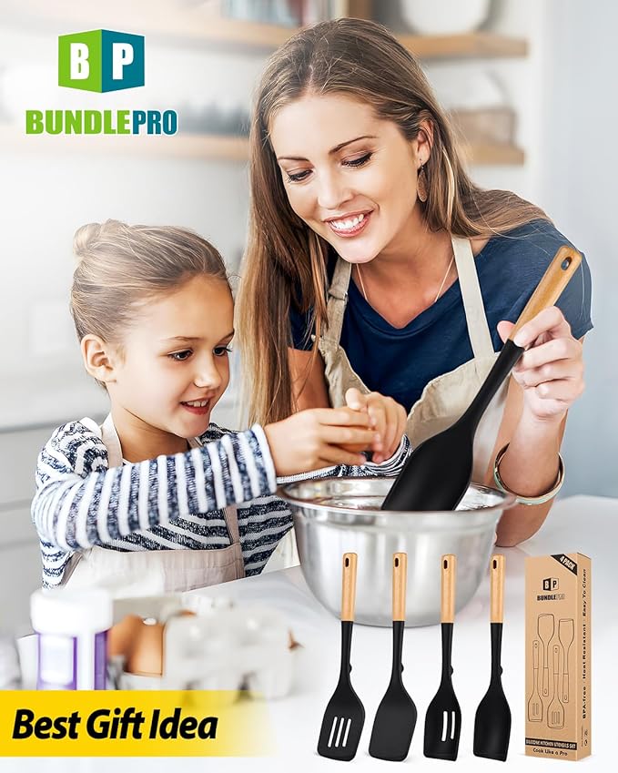 Silicone Kitchen Utensils Set of 4 | BPA-Free, Heat-Resistant with Wooden Handles, Black