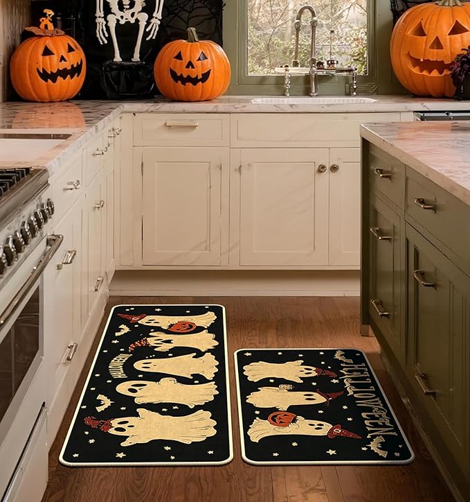 Halloween Kitchen Mat Set of 2 | Pumpkin, Ghost & Bat Design, Non-Slip, 17x29" & 17x47"