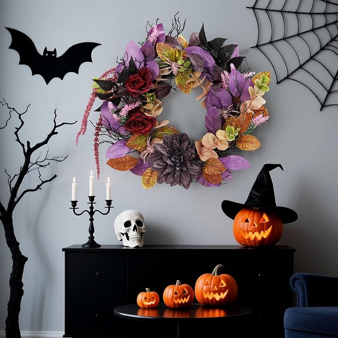 Halloween Rose & Spider Wreath, 18" | Red & Purple Front Door Decoration, Indoor Outdoor
