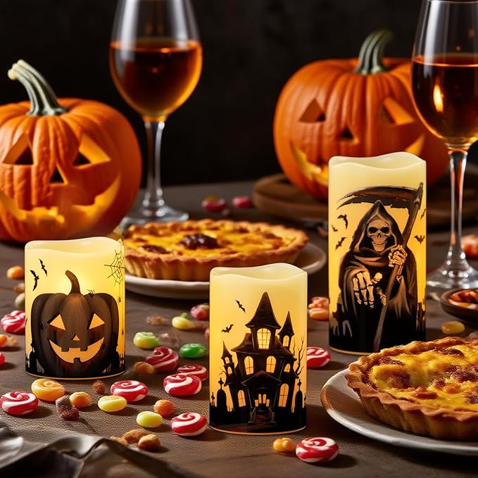 Halloween Flameless Pillar Candles with Timer | Set of 3 (Grim Reaper, Haunted House, Pumpkin)