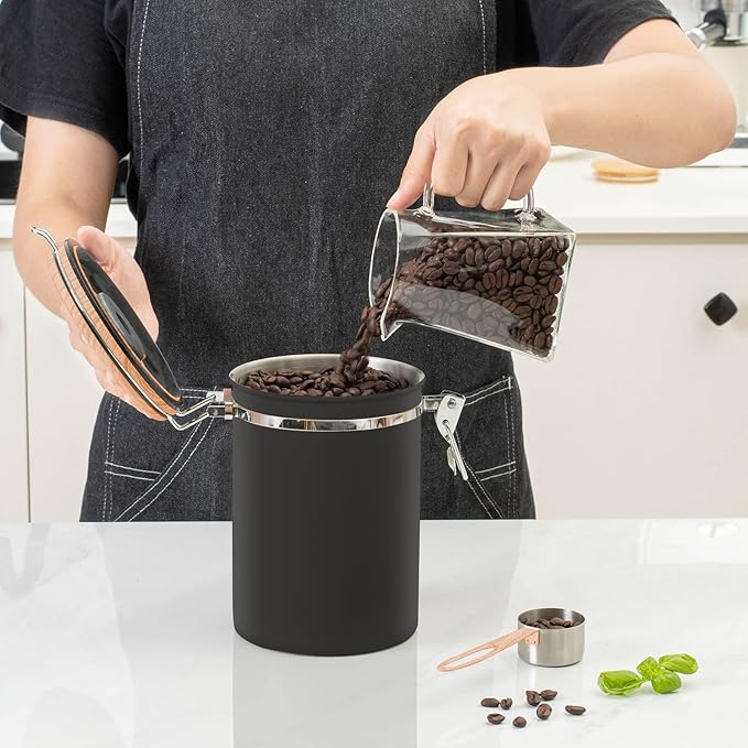 Airtight Coffee Canister | Stainless Steel Bean & Ground Storage with Scoop, 61 oz