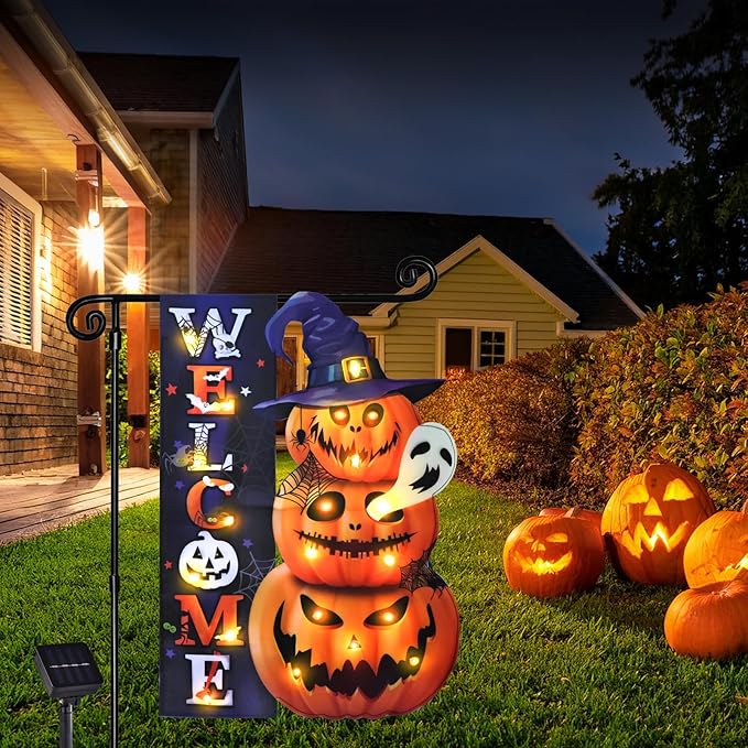 Halloween Lighted Garden Flag, Solar Yard Flag for Outside, 8 Modes Double Sided Welcome Halloween Pumpkin Outdoor Decorations for Home Porch (Pumpkin-12x18)