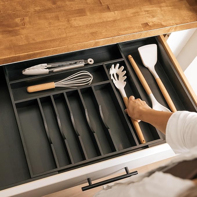 Expandable Bamboo Drawer Organizer | 11-Compartment Flatware & Utensil Tray — 18" to 33" Wide