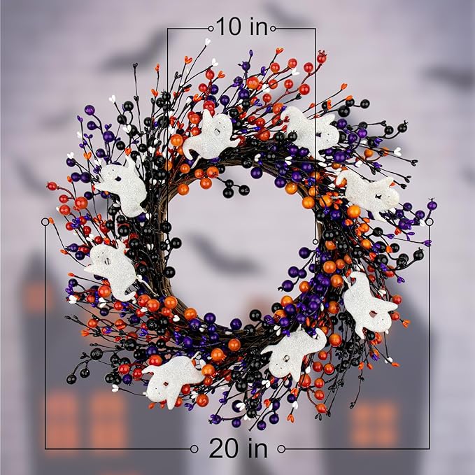 Halloween Berry Wreath with Ghost Accents, 20" | Handmade Orange & Black Front Door Decor