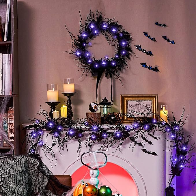 Black LED Halloween Wreath, 16" | Color-Changing Lights with Timer, Front Door & Mantel Decor