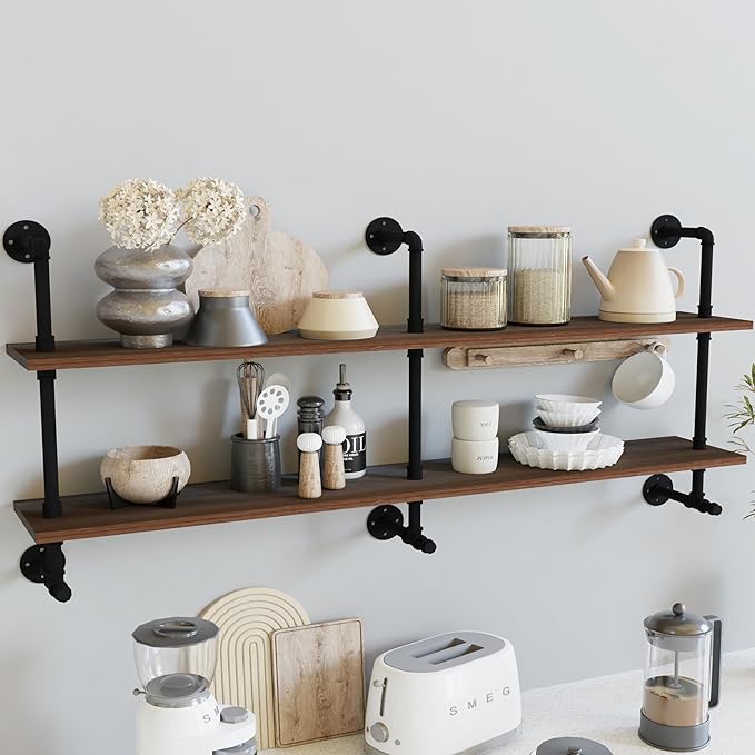 70" Industrial Pipe Floating Shelves | 2-Tier Solid Wood Wall Shelf, Dark Brown