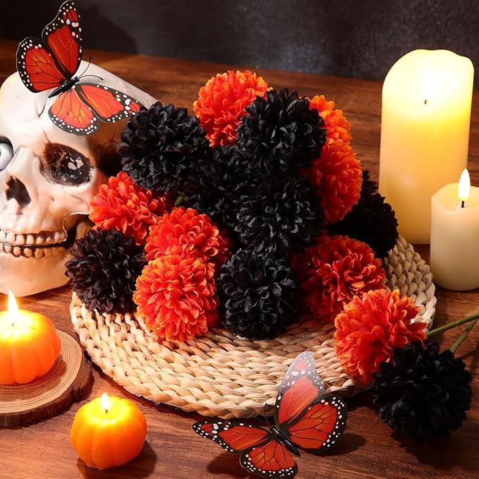 Kimura's Cabin 20Pcs Orange Fake Mums Flowers Artificial Silk Chrysanthemums Faux Ball Flower for Wedding Arrangement Fall Bouquets Home Table Decoration Halloween Decor(Orange)