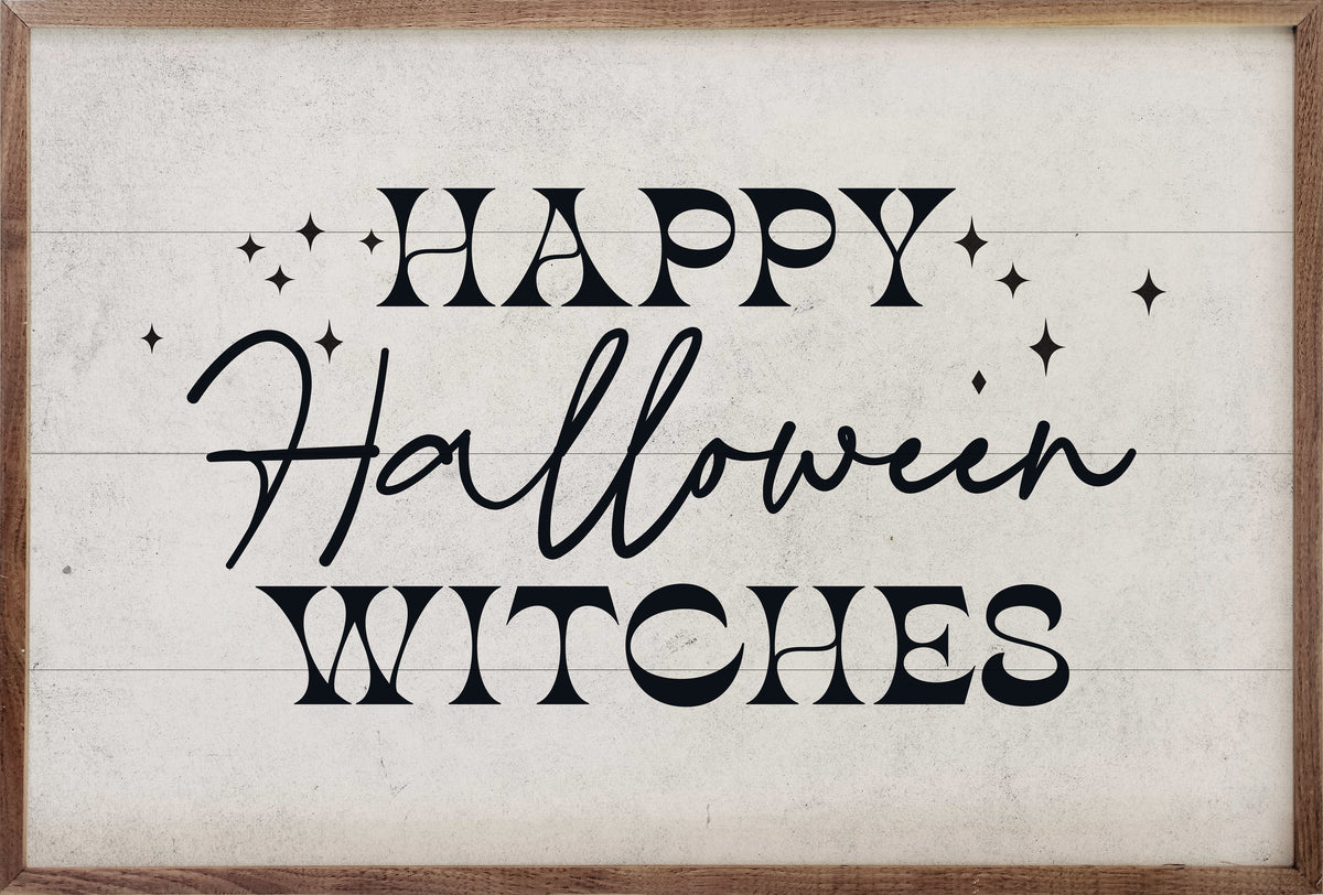 Happy Halloween Witches Wood Sign | Handcrafted American Hardwood with Walnut Frame