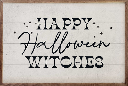 Happy Halloween Witches Wood Sign | Handcrafted American Hardwood with Walnut Frame