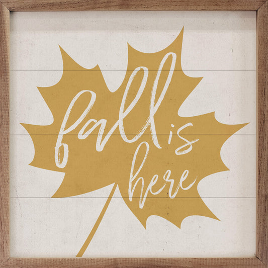 Fall Is Here Gold Leaf Wood Sign | Handcrafted American Hardwood with Walnut Frame