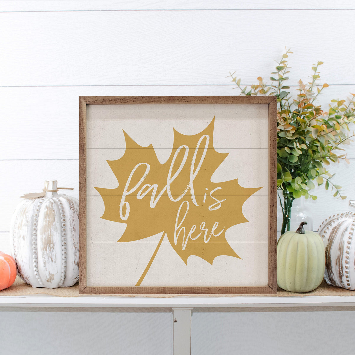 Fall Is Here Gold Leaf Wood Sign | Handcrafted American Hardwood with Walnut Frame