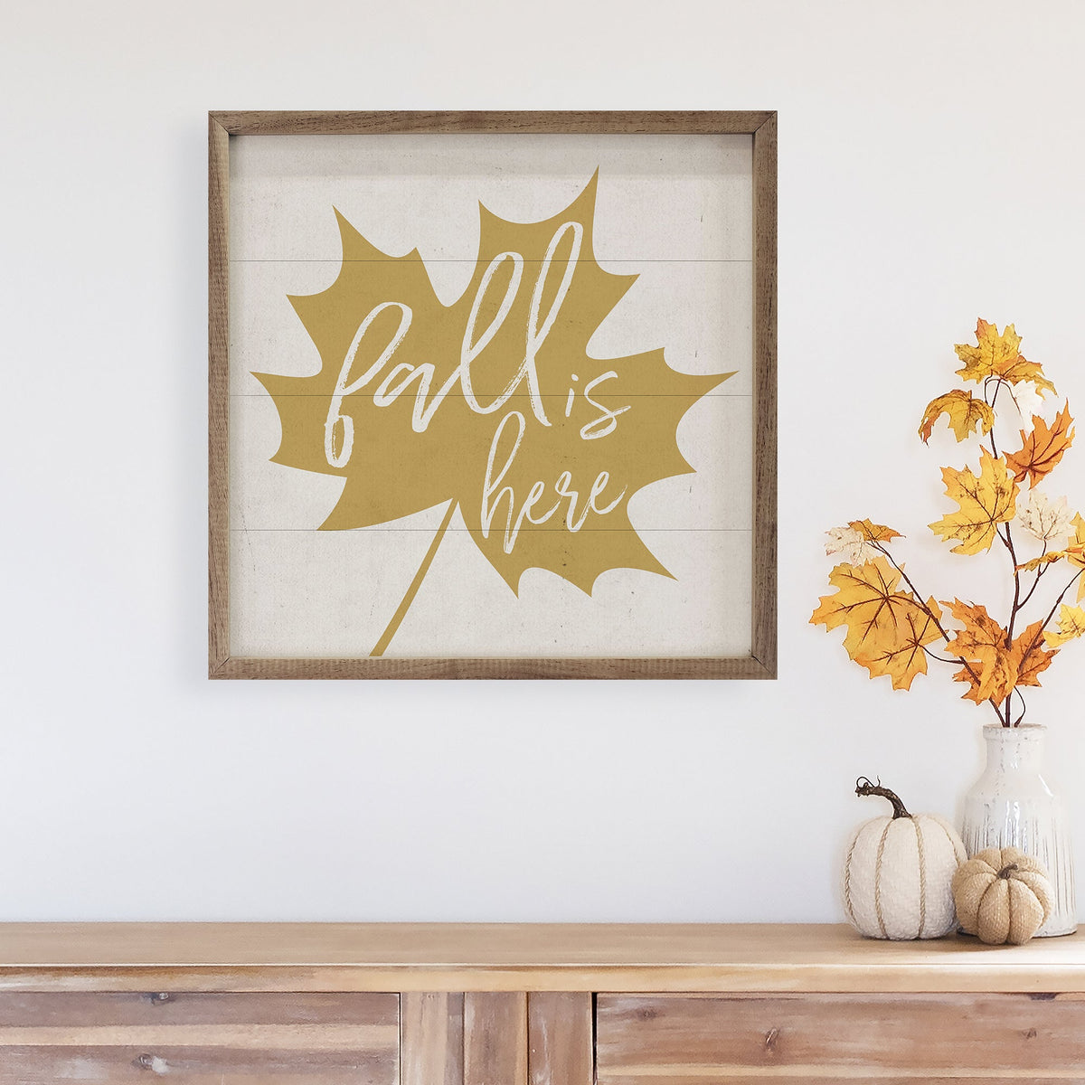Fall Is Here Gold Leaf Wood Sign | Handcrafted American Hardwood with Walnut Frame