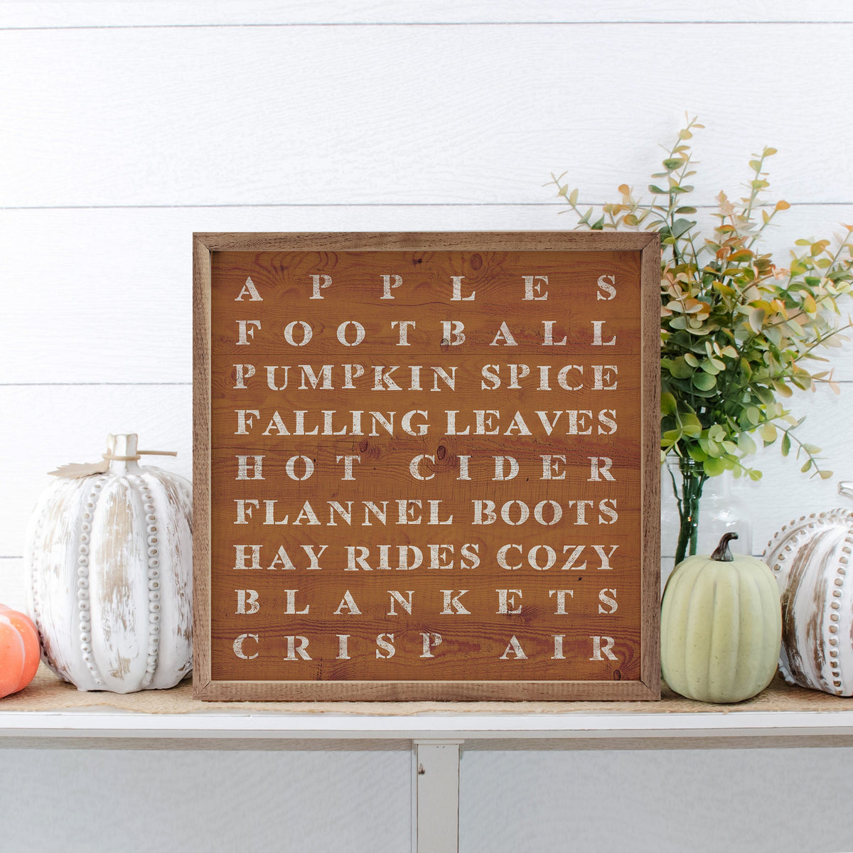 Fall Words Typography Wood Sign | Farmhouse Autumn Décor, Handcrafted Walnut Frame