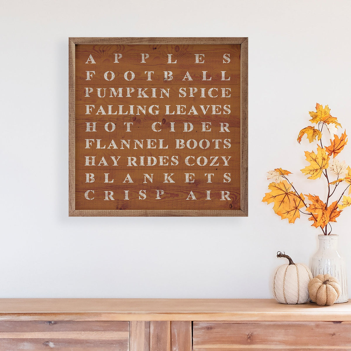 Fall Words Typography Wood Sign | Farmhouse Autumn Décor, Handcrafted Walnut Frame