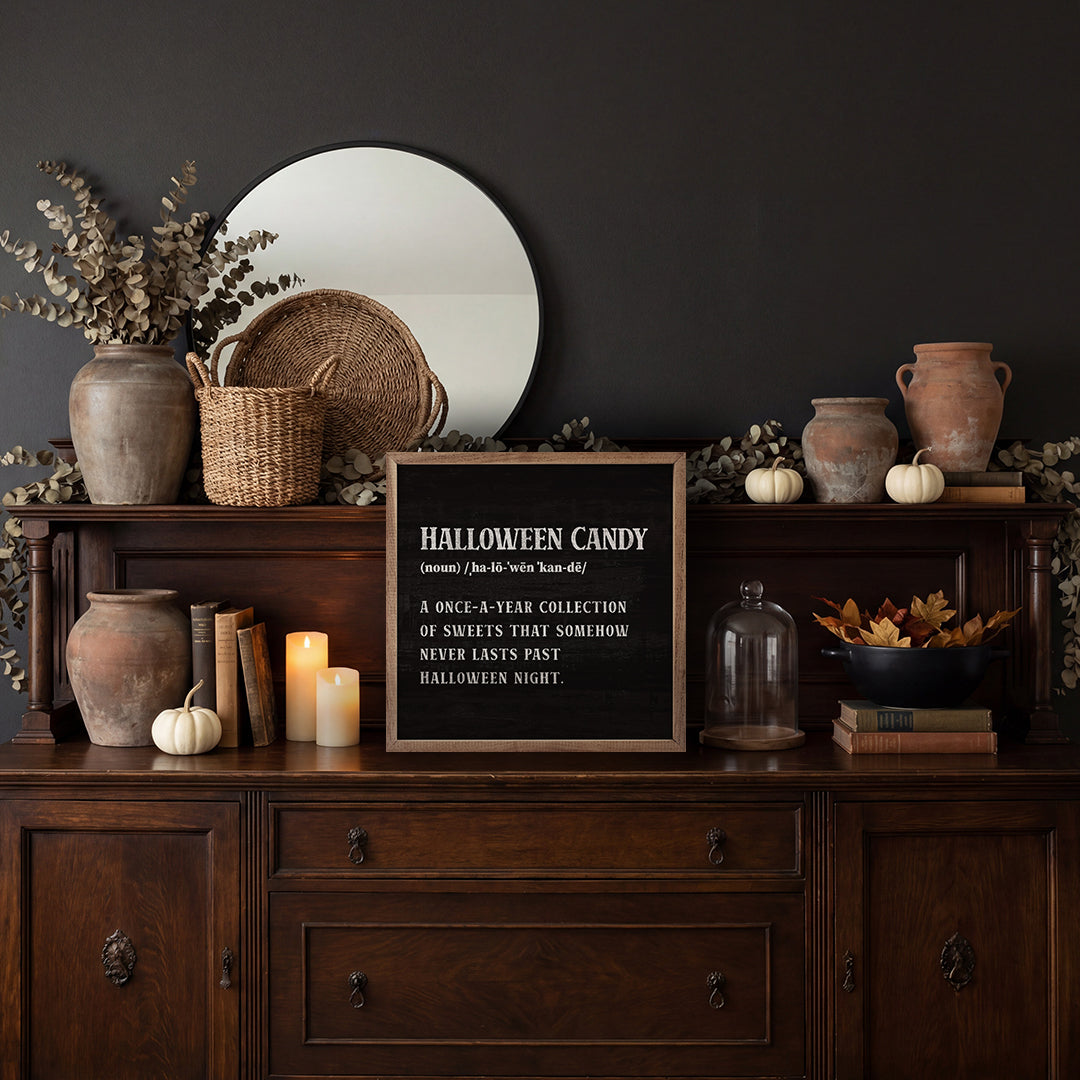 Halloween Candy Definition Wood Sign | Handcrafted USA-Made Walnut Frame