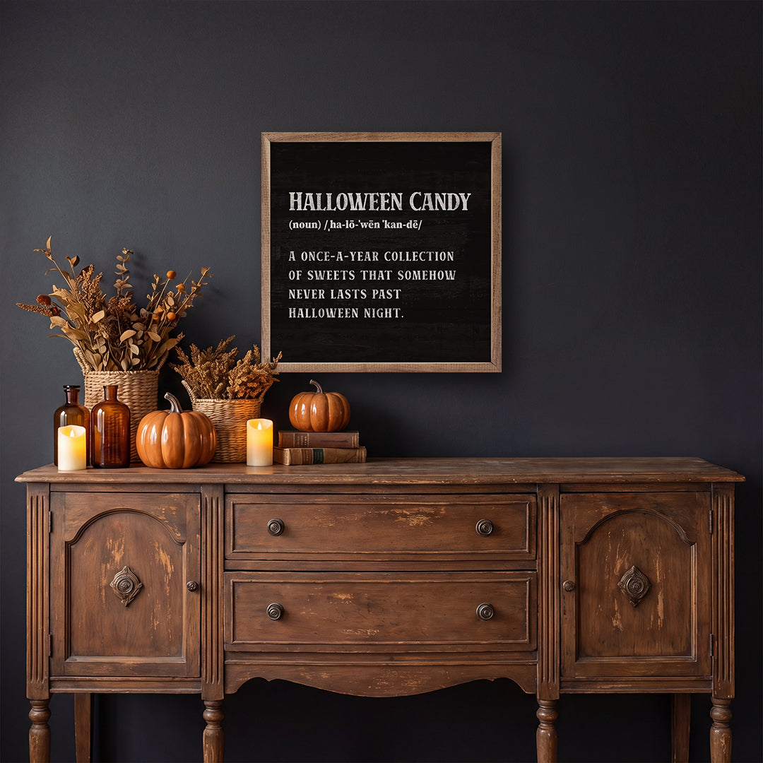 Halloween Candy Definition Wood Sign | Handcrafted USA-Made Walnut Frame