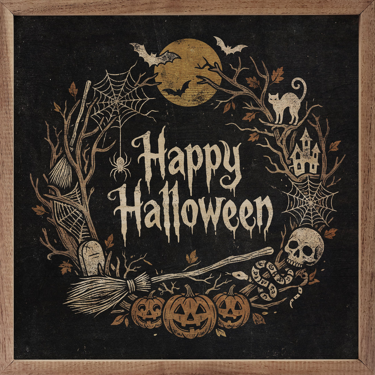 Happy Halloween Wreath Wood Sign | Handcrafted USA-Made Walnut Frame, variety of sizes