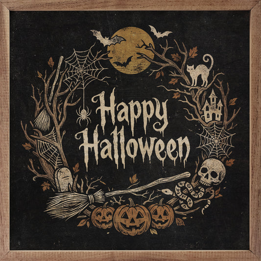 Happy Halloween Wreath Wood Sign | Handcrafted USA-Made Walnut Frame, variety of sizes