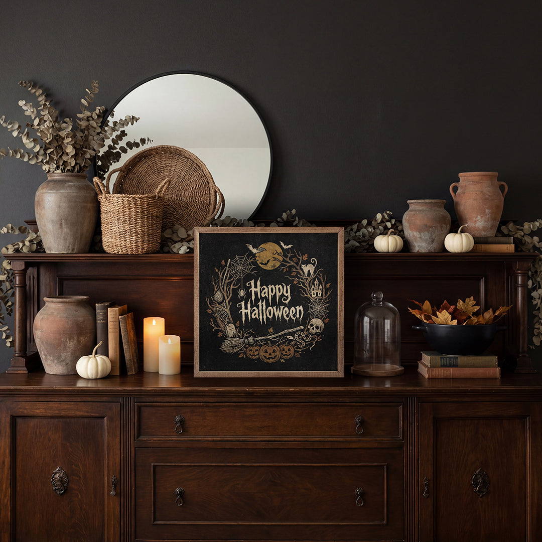 Happy Halloween Wreath Wood Sign | Handcrafted USA-Made Walnut Frame, variety of sizes