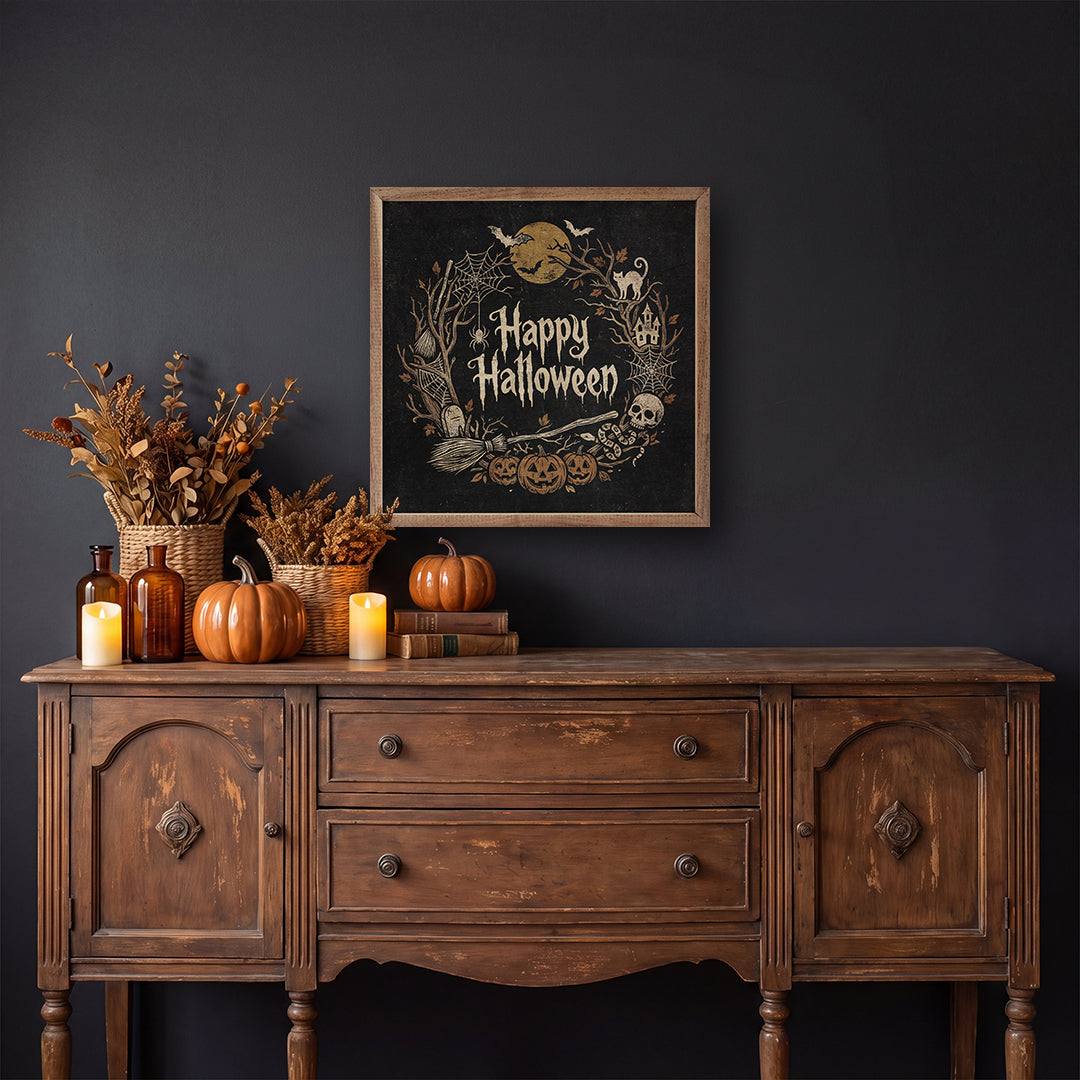 Happy Halloween Wreath Wood Sign | Handcrafted USA-Made Walnut Frame, variety of sizes