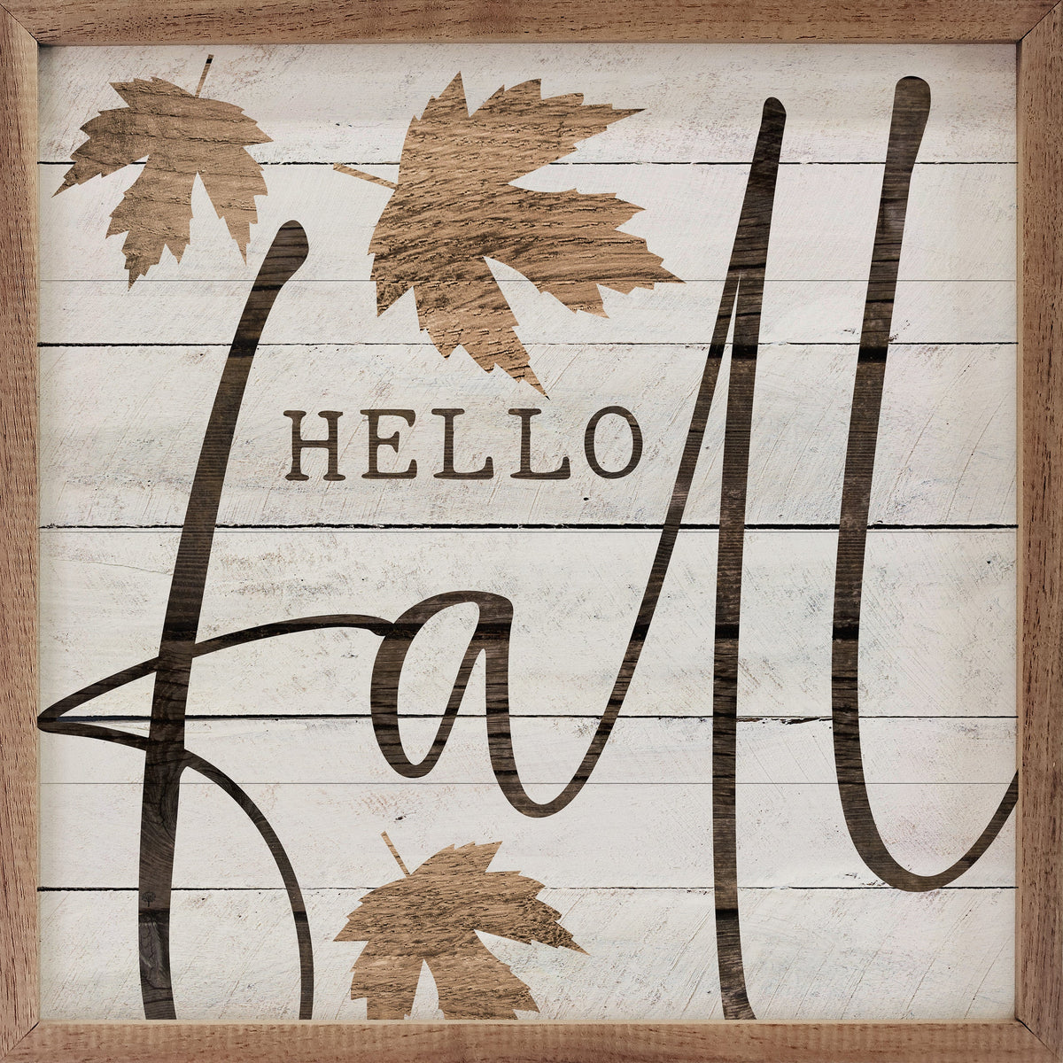 "Hello Fall" Leaf Wall Sign | Whitewash Rustic Walnut Frame