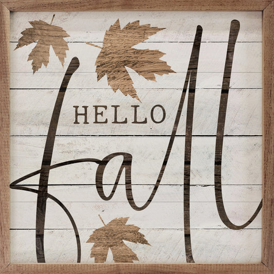 "Hello Fall" Leaf Wall Sign | Whitewash Rustic Walnut Frame