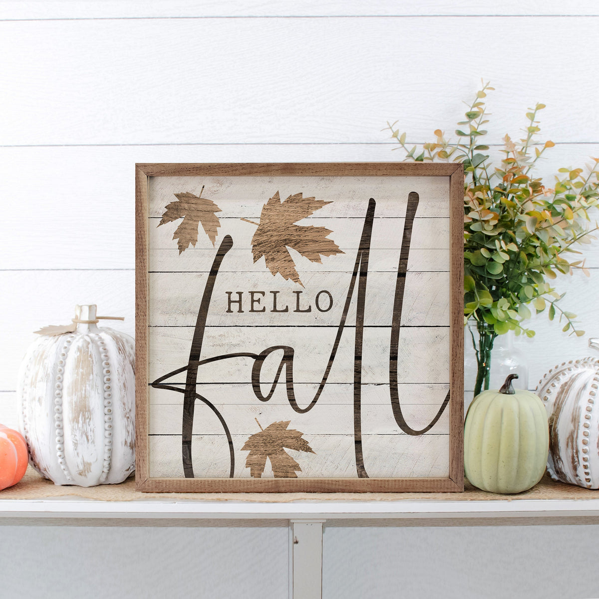 "Hello Fall" Leaf Wall Sign | Whitewash Rustic Walnut Frame