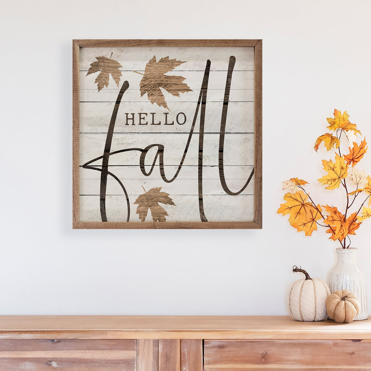 "Hello Fall" Leaf Wall Sign | Whitewash Rustic Walnut Frame