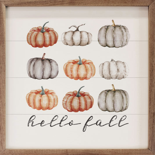 Hello Fall Orange & Gray Pumpkins Wood Sign | Handcrafted American Hardwood with Walnut Frame