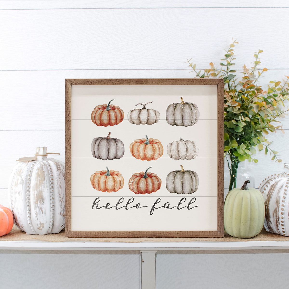 Hello Fall Orange & Gray Pumpkins Wood Sign | Handcrafted American Hardwood with Walnut Frame