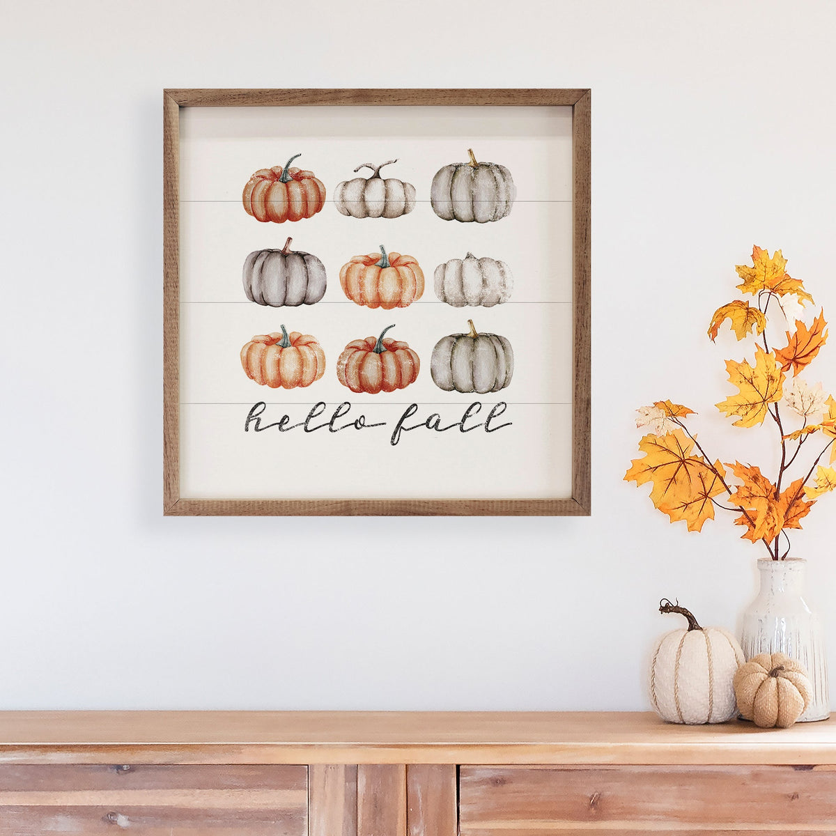 Hello Fall Orange & Gray Pumpkins Wood Sign | Handcrafted American Hardwood with Walnut Frame