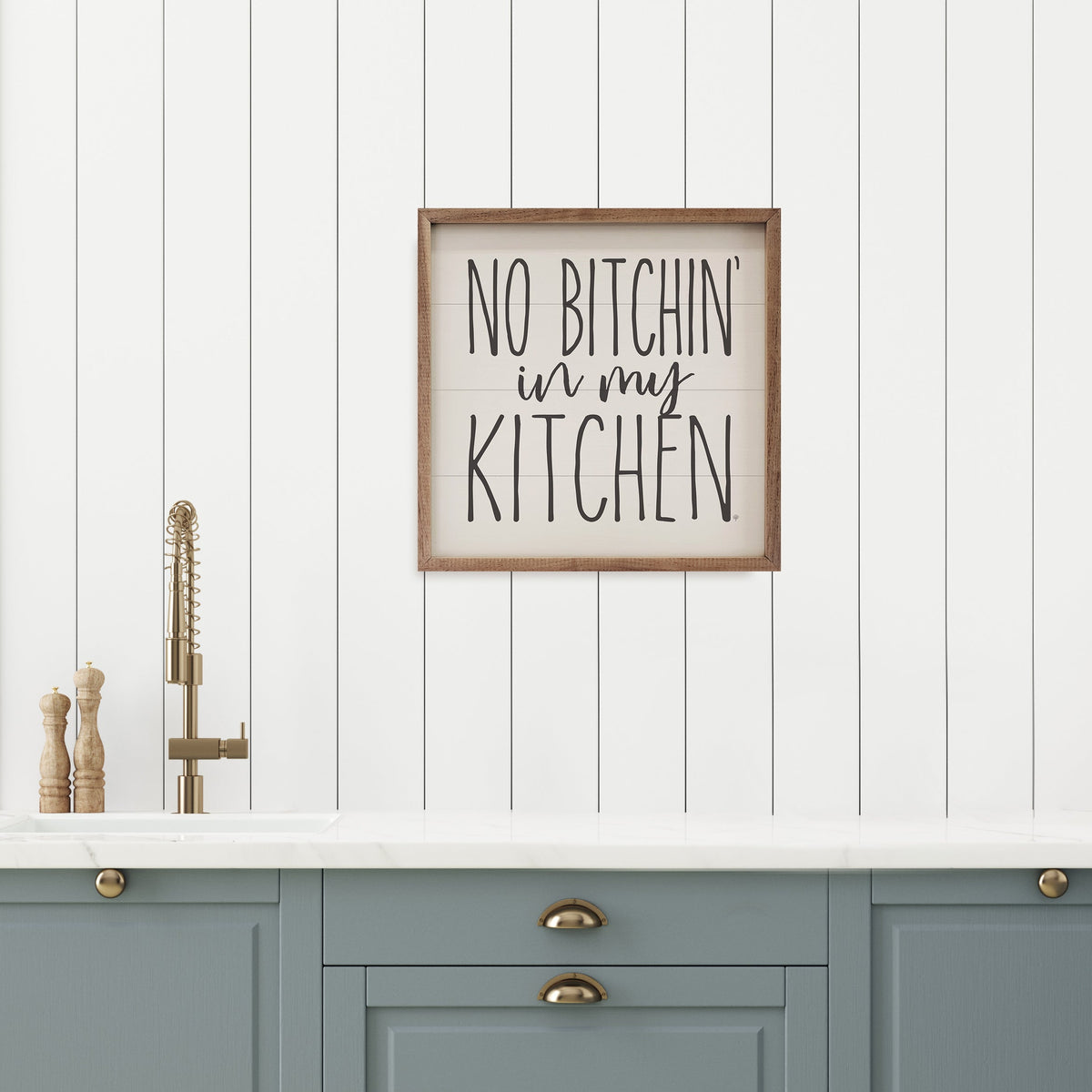 No Bitchin' In My Kitchen Wood Sign | Handcrafted American Hardwood with Walnut Frame