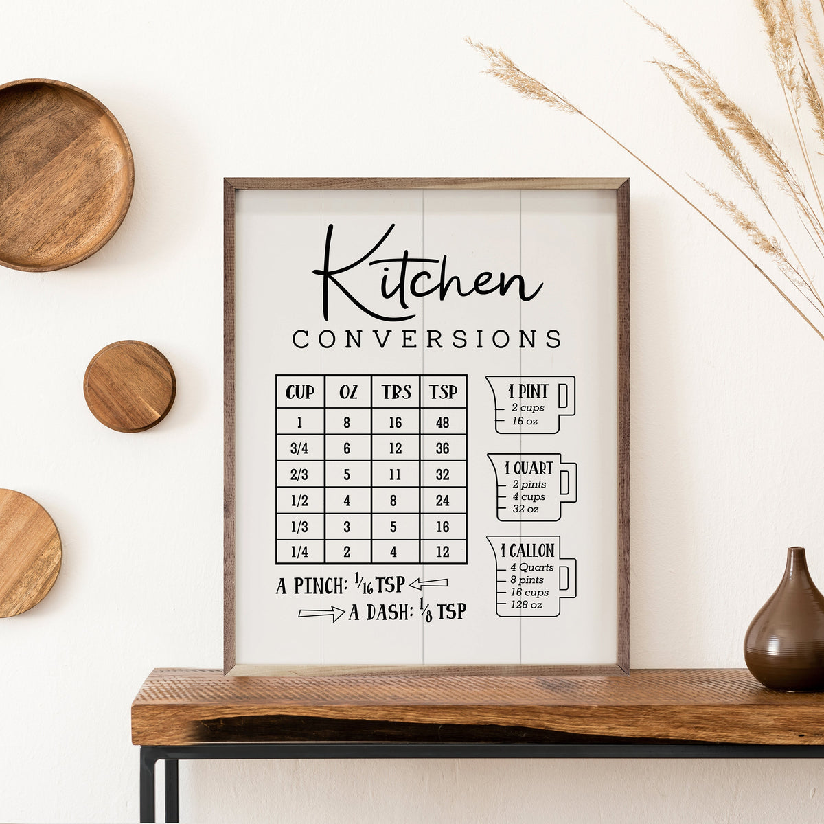Kitchen Conversions Wall Sign | White Farmhouse Walnut Frame
