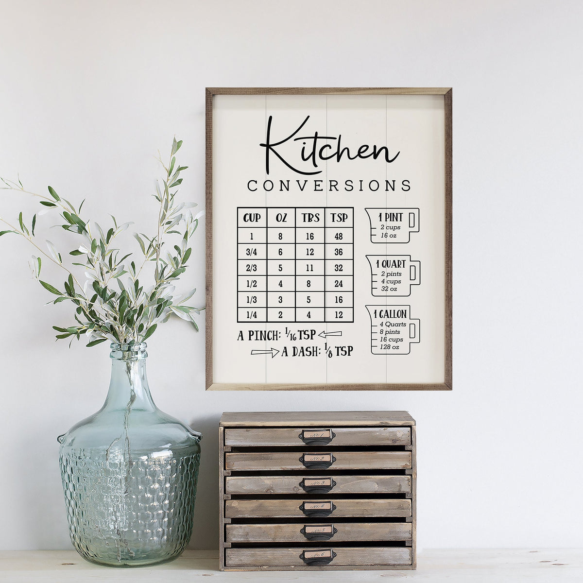 Kitchen Conversions Wall Sign | White Farmhouse Walnut Frame