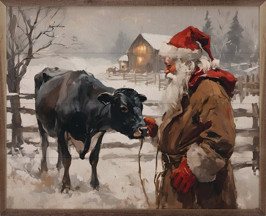 Festive Cow Santa Wall Art – Hand-Painted Hardwood