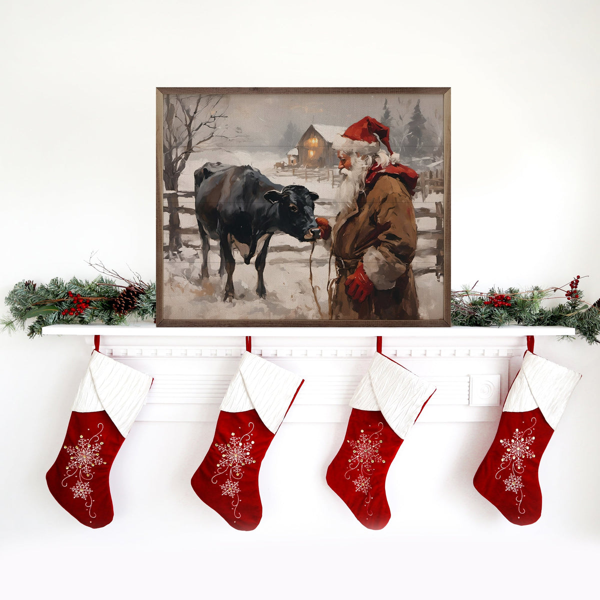 Festive Cow Santa Wall Art – Hand-Painted Hardwood