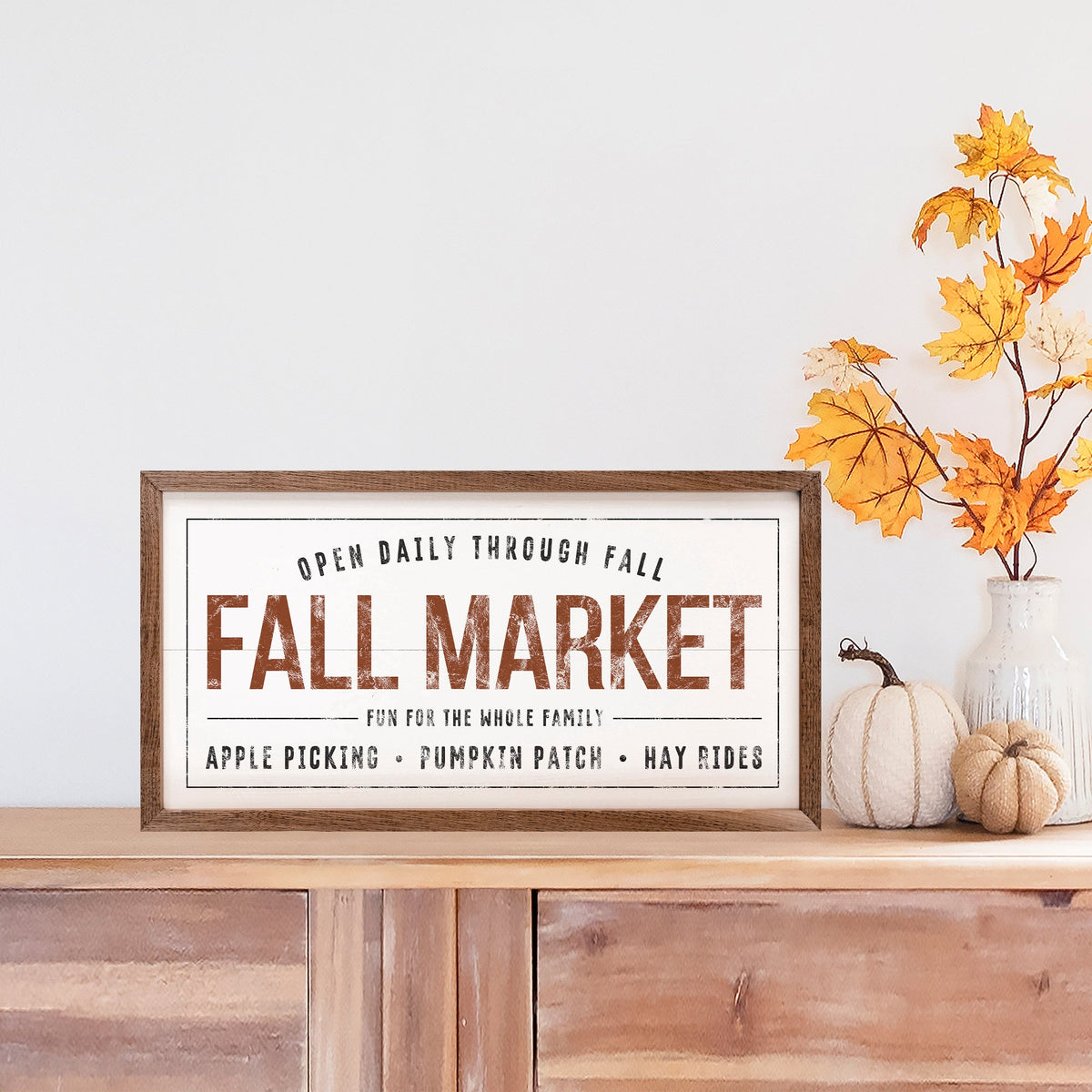 Fall Market Farmhouse Wood Sign | Apple Picking, Pumpkin Patch & Hay Rides, Handcrafted Walnut Frame