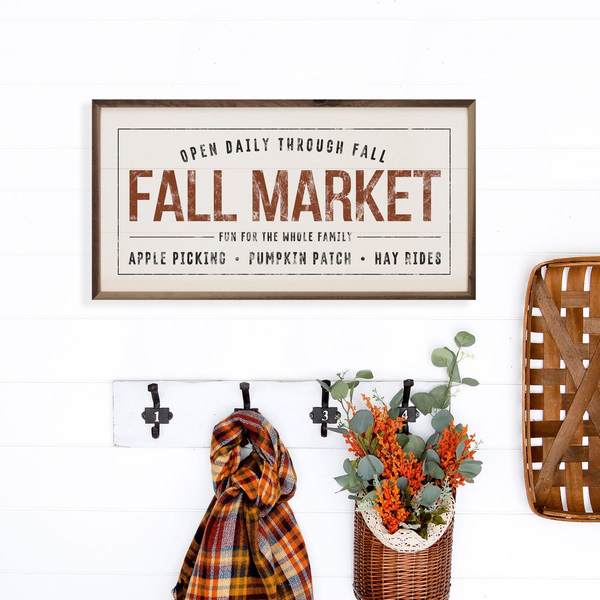 Fall Market Farmhouse Wood Sign | Apple Picking, Pumpkin Patch & Hay Rides, Handcrafted Walnut Frame