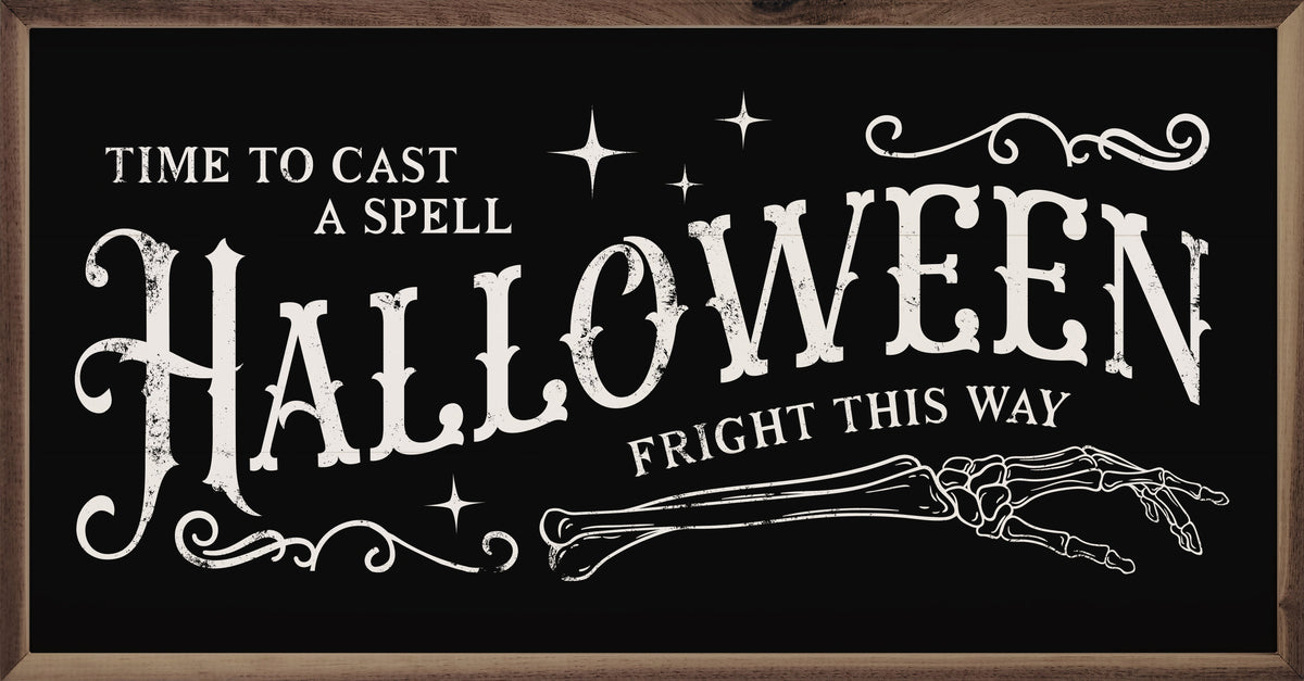 "Fright This Way" Halloween Wall Sign | Rustic Walnut Frame