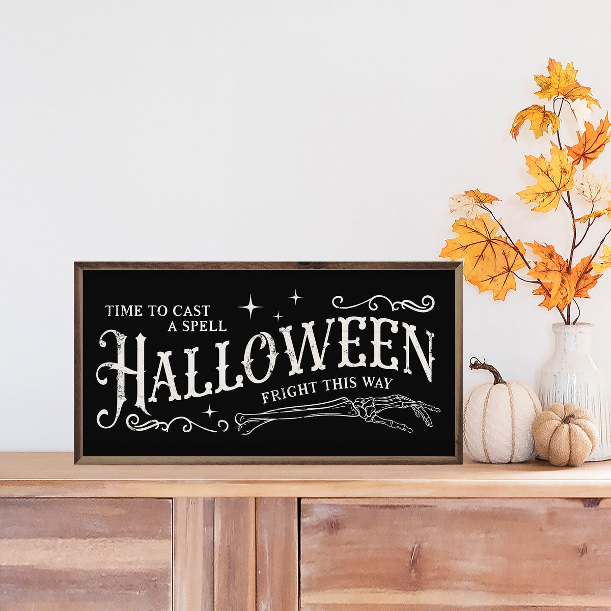 "Fright This Way" Halloween Wall Sign | Rustic Walnut Frame