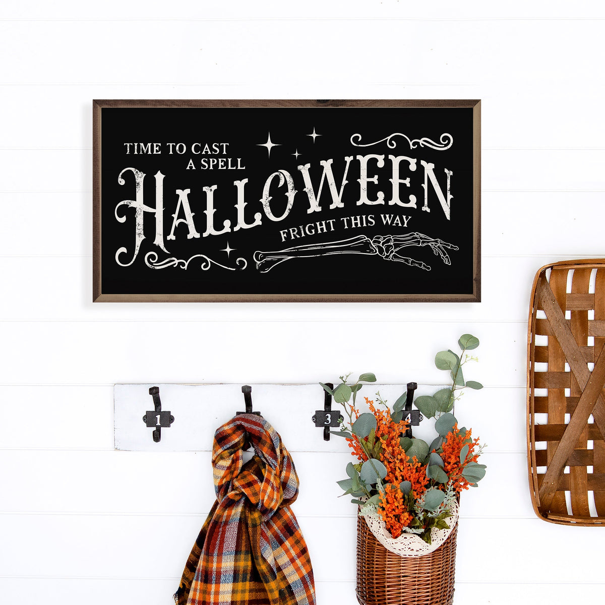 "Fright This Way" Halloween Wall Sign | Rustic Walnut Frame