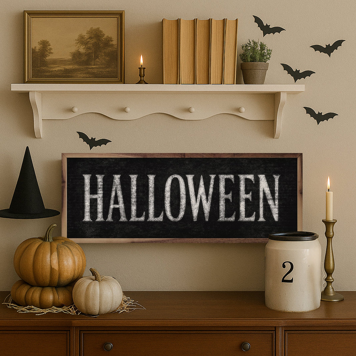 Halloween Wood Sign | Farmhouse Typography, Handcrafted Walnut Frame — Available in Multiple Sizes & Colors