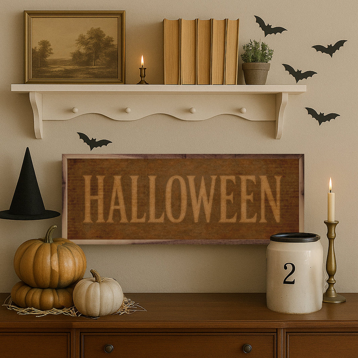 Halloween Wood Sign | Farmhouse Typography, Handcrafted Walnut Frame — Available in Multiple Sizes & Colors
