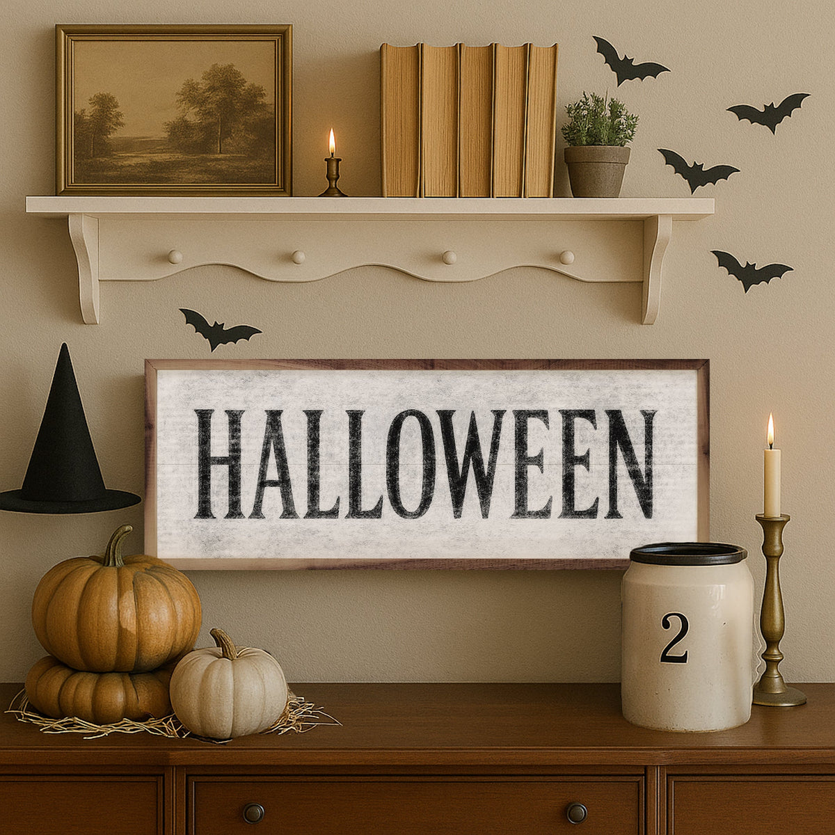 Halloween Wood Sign | Farmhouse Typography, Handcrafted Walnut Frame — Available in Multiple Sizes & Colors