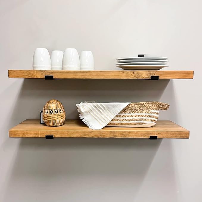 Rustic Shelves with J-Brackets Set of 2, Industrial Shelf, Kitchen Shelves, Solid Wood, Decorative Wall Storage, Heavy Duty, URBANDI (Brown, 36Wx10D)