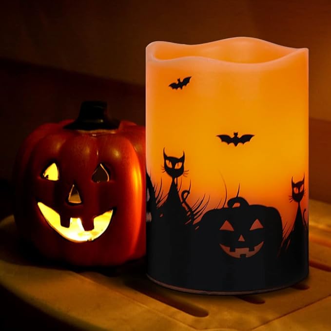 Halloween Flameless Candles Set of 3 | Flickering LED Real Wax with 6-Hour Timer, Cat & Witch Decals