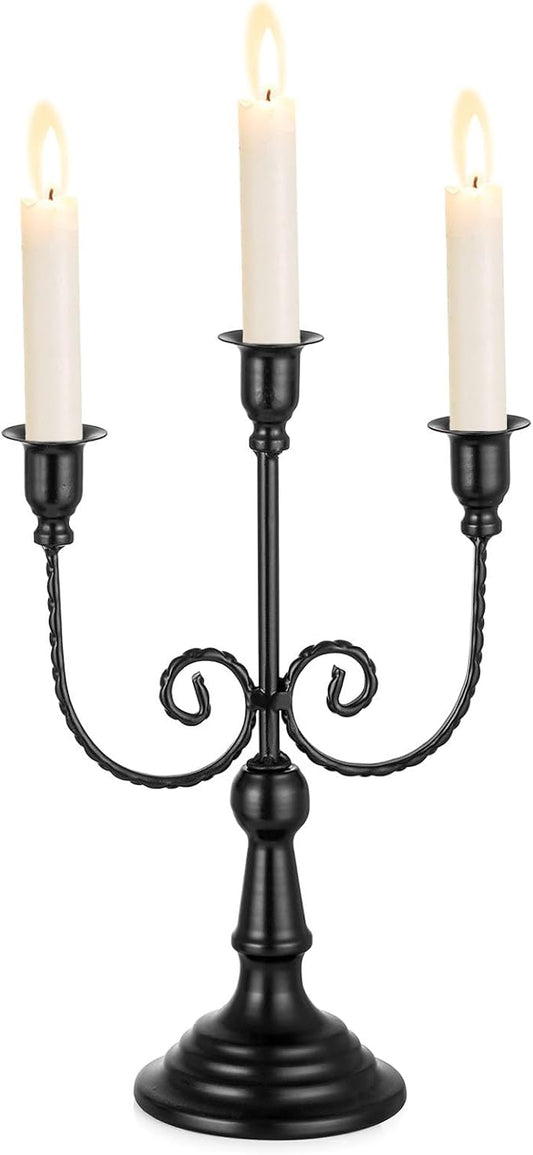 Black Metal 3-Arm Candelabra | Matte Taper Candle Holder Stand, 11.6"