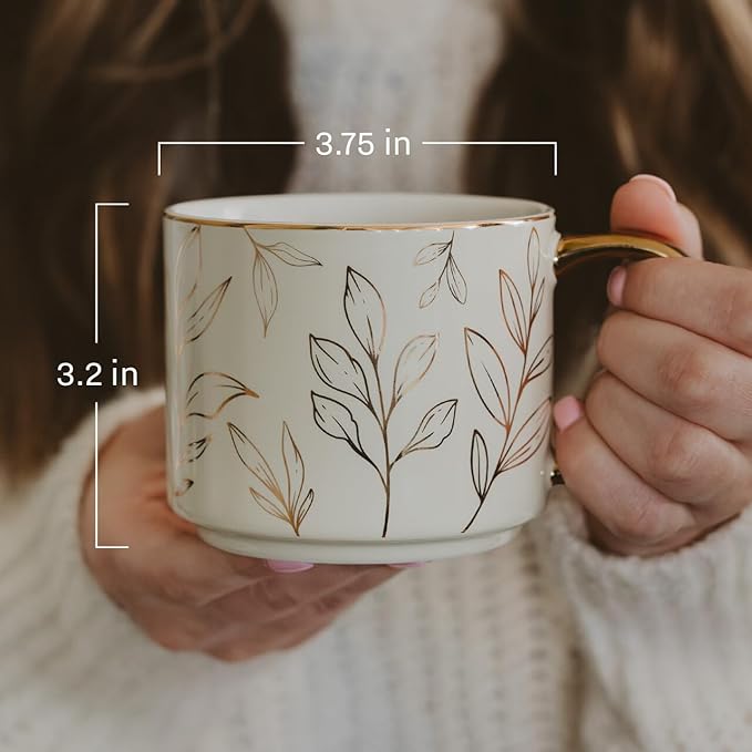 Sweet Water Decor Gold Leaves Mug with Gold Handle, 14oz Fine Bone China Coffee Cup